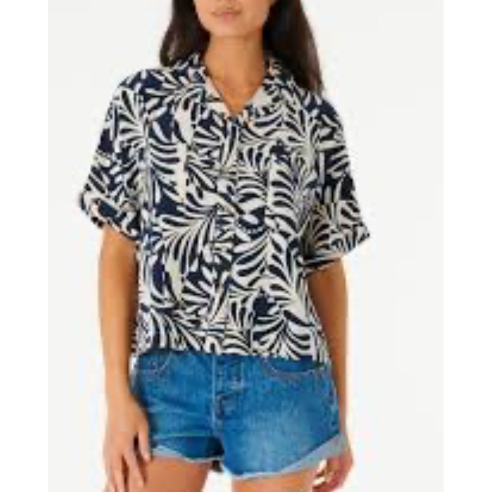 Rip Curl Button Up Shirt Womens XS Blue Tropical Leaf Print Pocket
